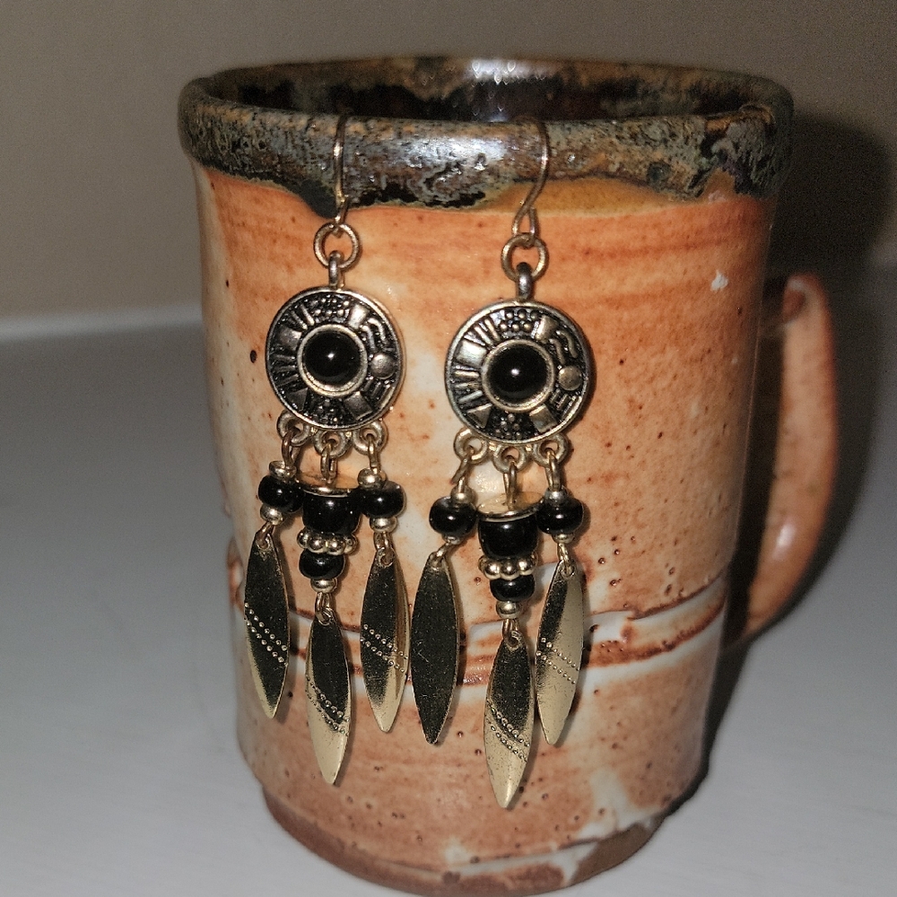 Elegant Gold and Black Tribal Style Earrings